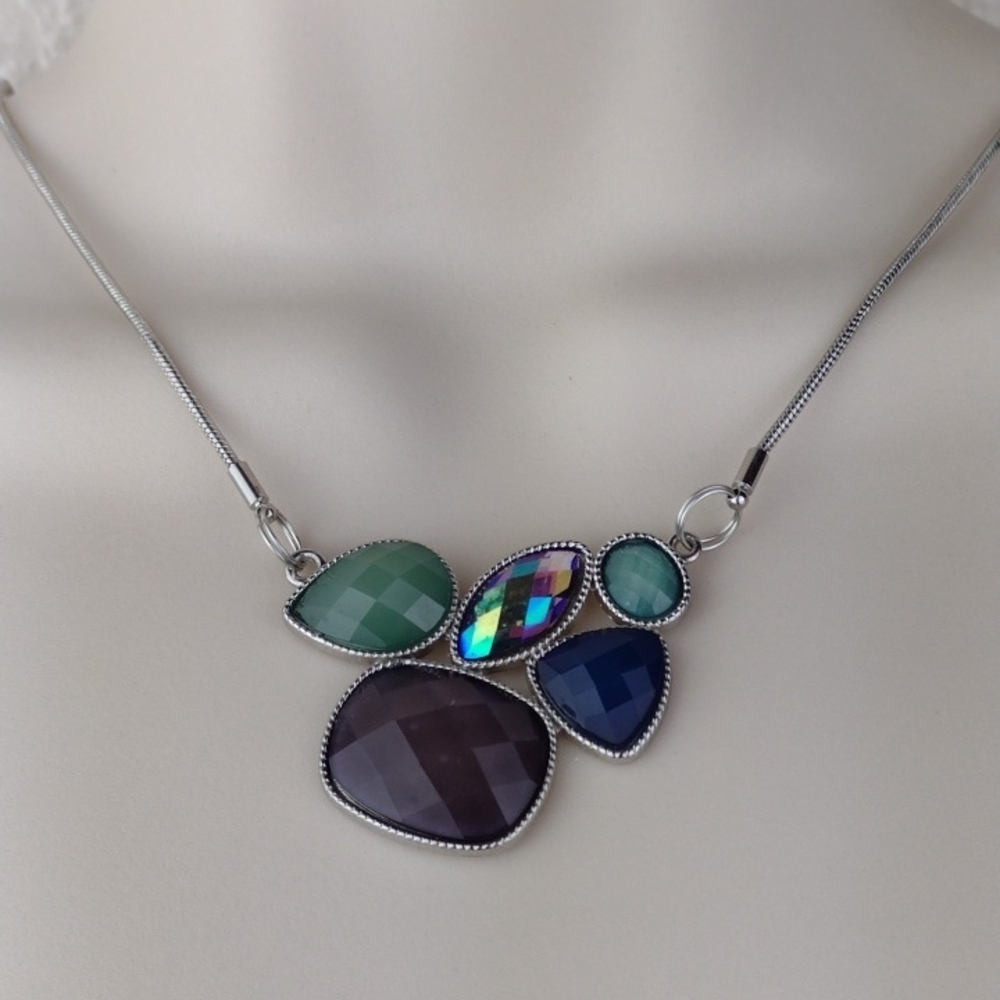 Multi-Stone Silver Purple Green, Blue Turquoise & Iridescent Oil Spill Necklace